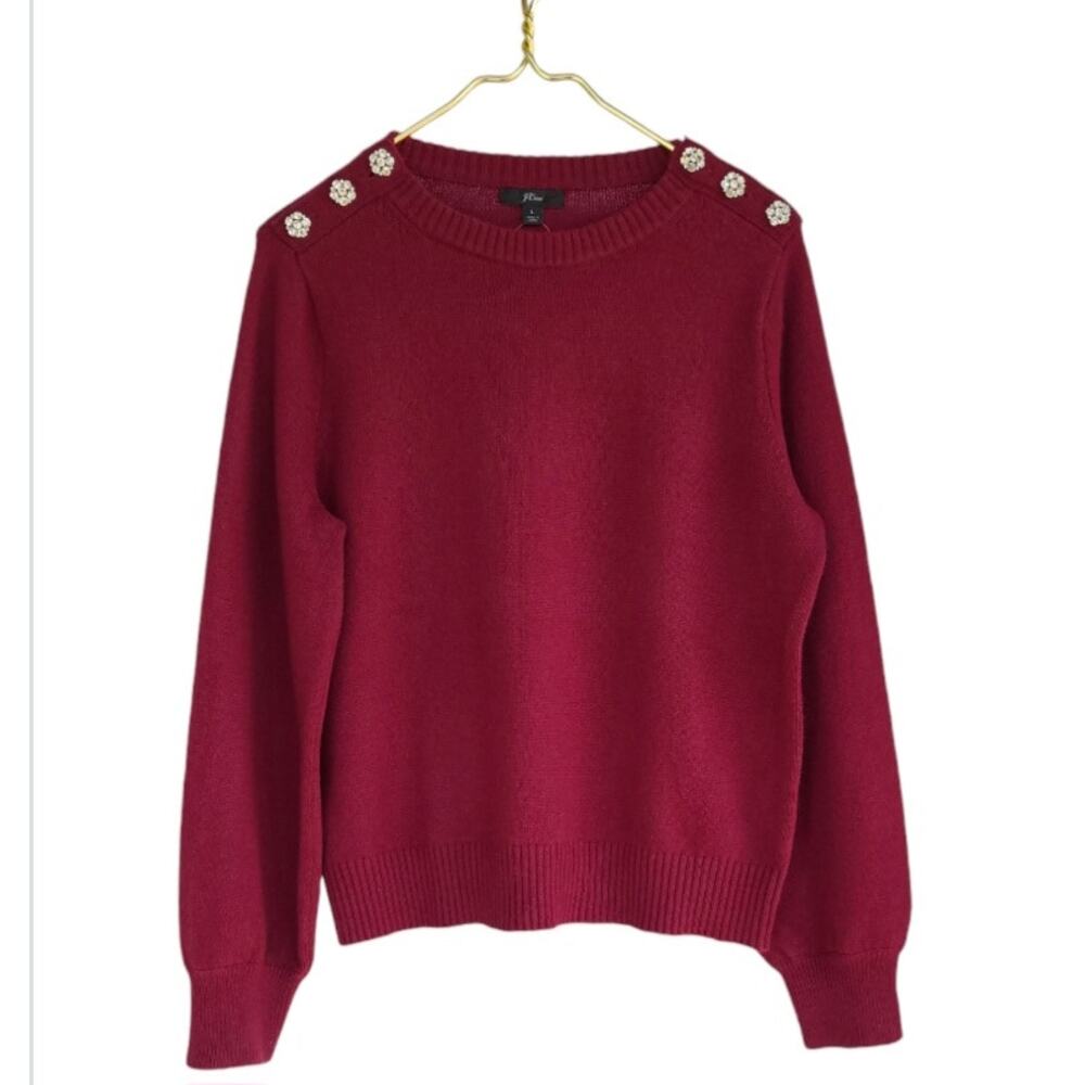J. Crew Cranberry Crewneck Sweater with Embellished Shoulder Buttons NWOT